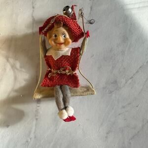 Vintage elf on swing ornament cute retro burlap hanging Christmas pixie figure